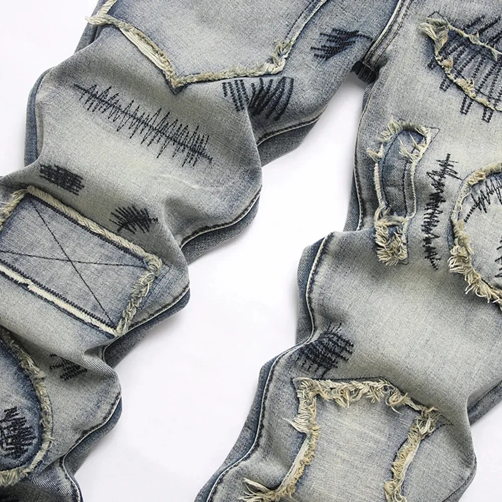 Men's Boot Cut Jeans Streetwear Patches Released Hem Pants Vintage Blue Embroidery Patchwork Flared Trousers — image 3