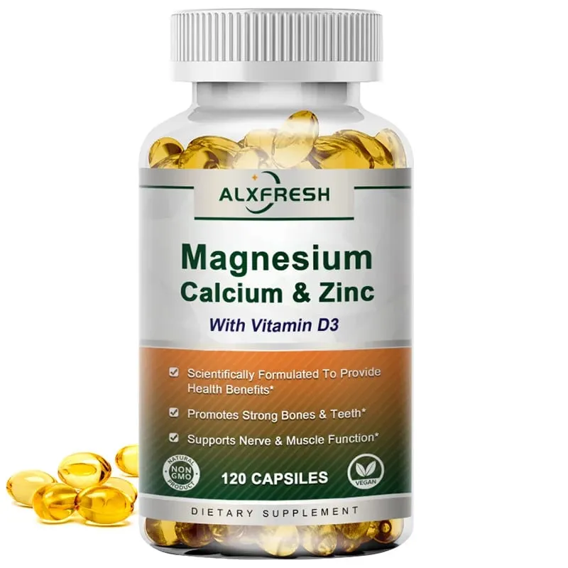 Alxfresh Cálcio Magnésio Zinco e Vitamina D3 Cápsulas para Sistema Imunológico Suporte à Saúde do Sistema Nervoso Ósseo | Vegano não transgênico