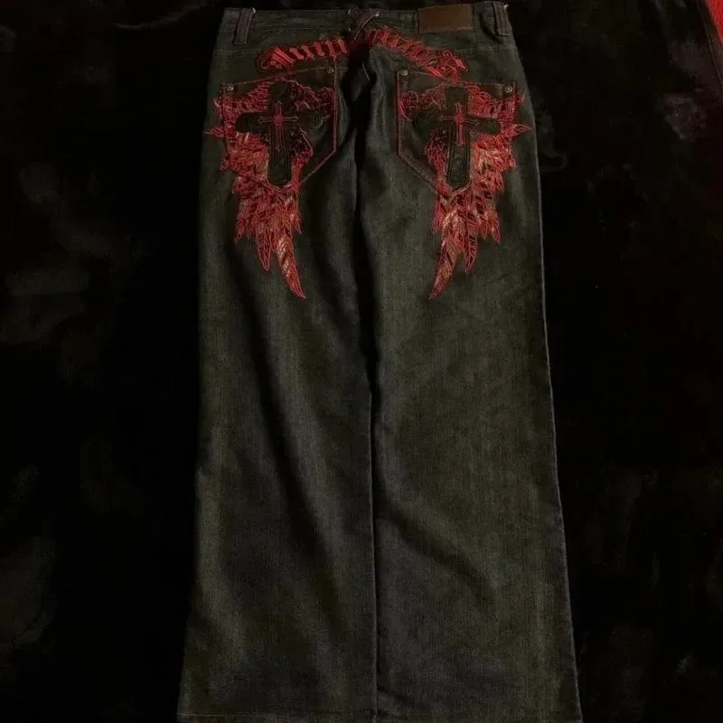 High Street Gothic Embroidered Men Black Red Pattern Y2K High Waist Jeans American Retro Street Couple Casual Pants — image 4