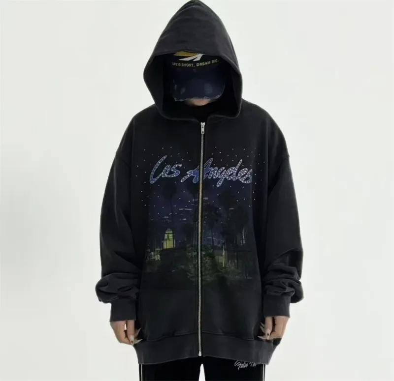 False Rhinestone Starry Sky Pattern Print Washed Zipper Loose Hoodie Street Casual Cotton Versatile Sports Trendy Sweatshirt — image 24