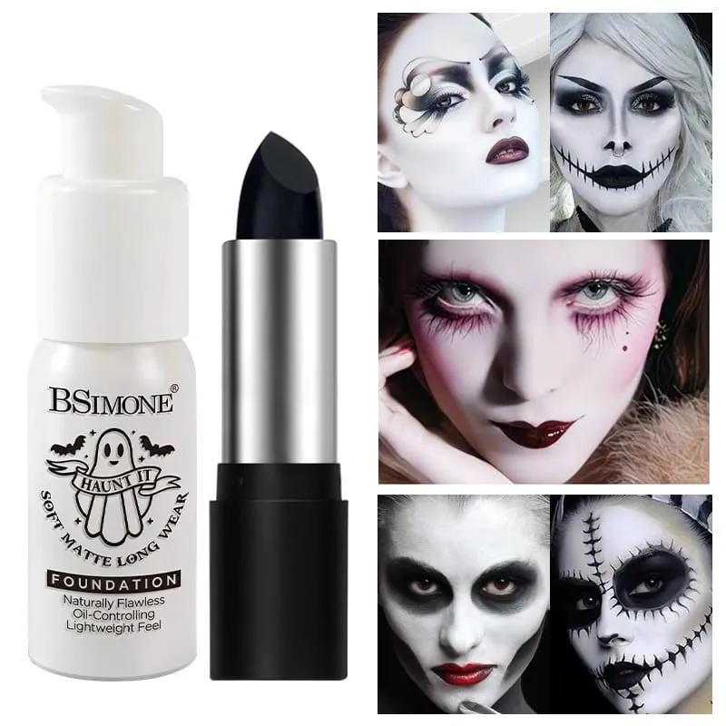 2pcs Set Black Diamond Glitter Lipstick & White Foundation Halloween Cos Stage Creative Makeup Kit For Face & Lip