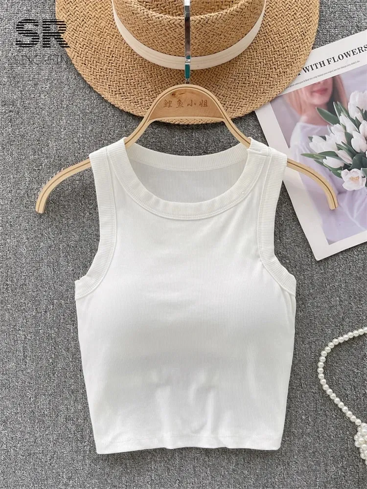 Sleeveless Knit Top Women Backless Korean Bra O Neck Solid Elastic Waist Ladies Elegant Fashion Casual Crop Top — image 3
