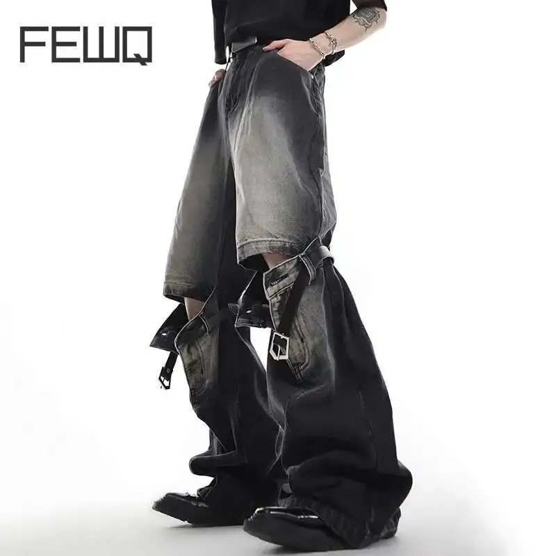 Vintage Men Spliced Micro Flared Jeans American Style High Street Wide Leg Straight Denim Pants Summer New Clothing 9A8932 — image 2