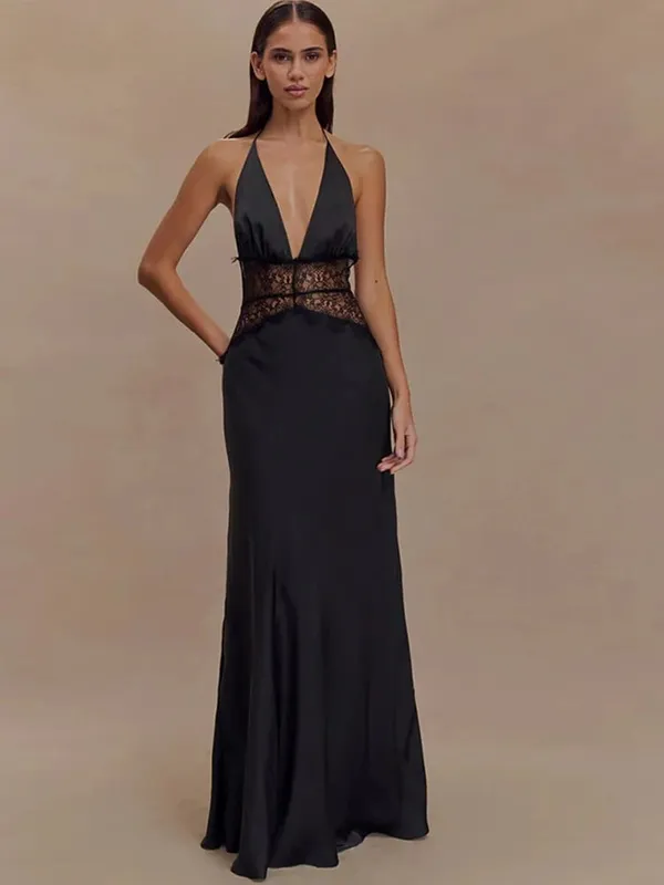 MO Patchwork Lace Print Polka Dot Halter Women Maxi Dress Sexy Backless Evening Dress Winter Skinny Elegant Party Dress — image 4