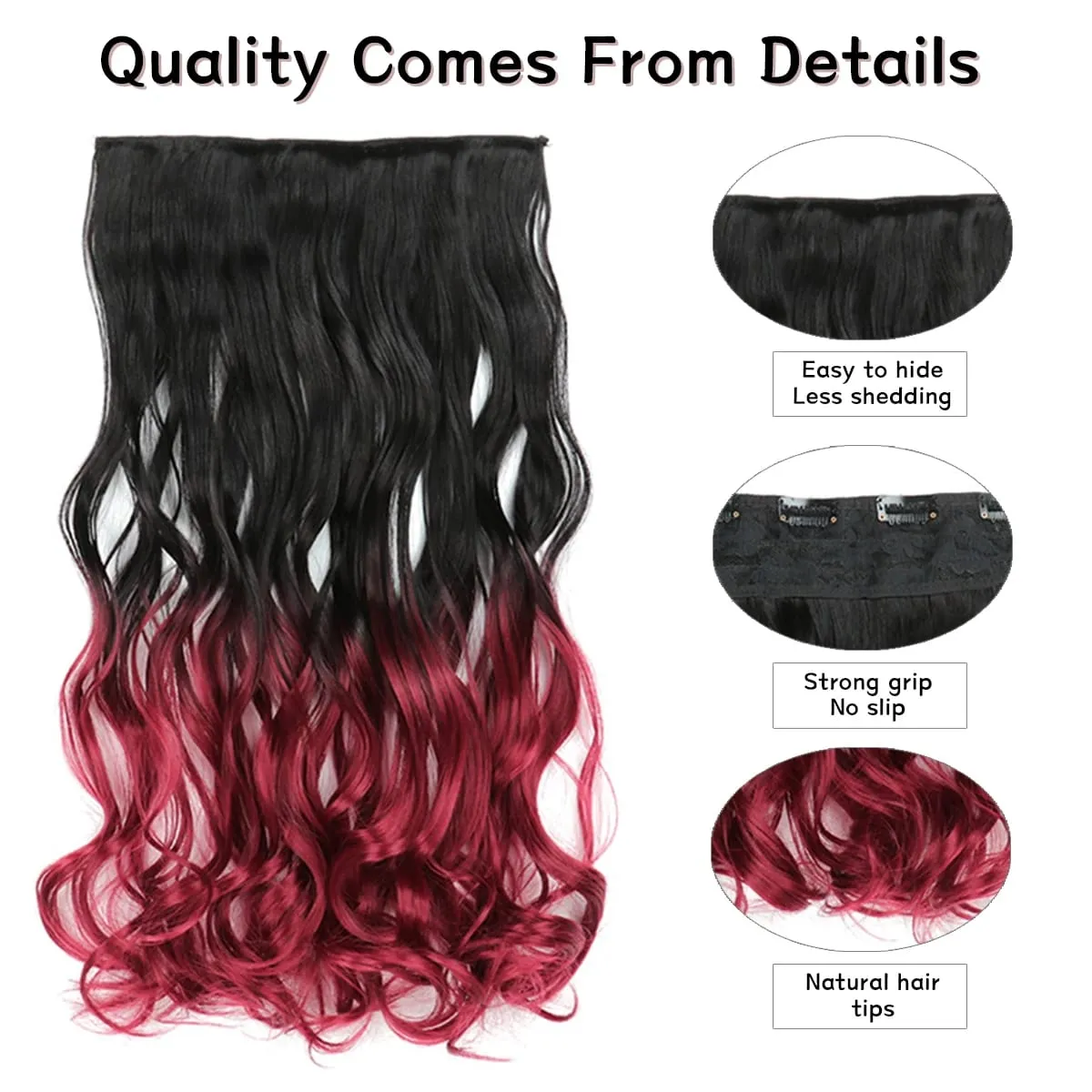 24 Inch Ombre Dip Dye Long Curly Clip in Hair Extensions Two Tone Thick Full Head Synthetic Hairpieces (Black to Dark Red) — image 5