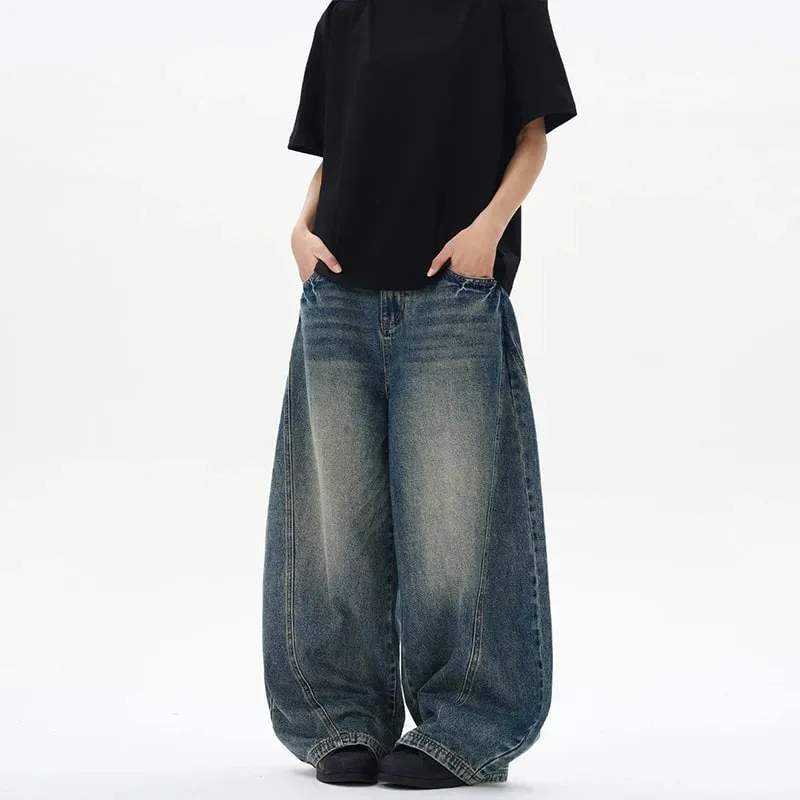 2025 Spring New Men's Jeans Oversized Wide Leg Pants Loose Vintage Patchwork Lightning Cracked Denim Trousers Streetwear Male