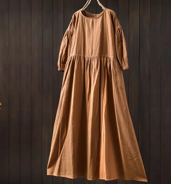Johnature Women Vintage Cotton Dresses O-Neck Half Sleeve Soft Solid Color Robes 2025 Summer New Casual A-Line Female Dress — image 11