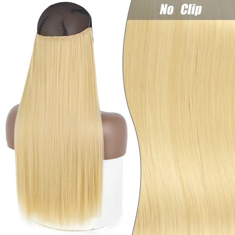 Synthetic Long Wavy No Clips Invisible Wire Hair Extensions Black Brown Blonde Fish Line False Hairpiece Piece — image 19
