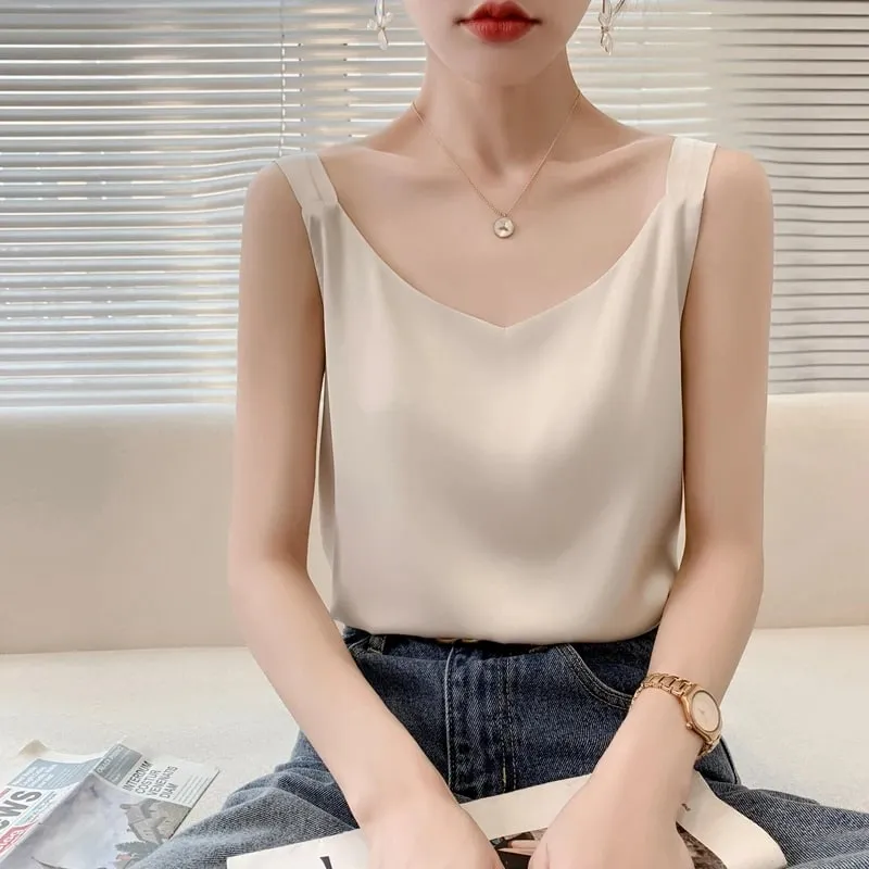 Silk Camisole Ladies Summer Suit Inside V-Neck Satin Bottoming Vest 2025 Thin Loose Sleeveless Sling Silk Tops Small Shirt Trend — image 6