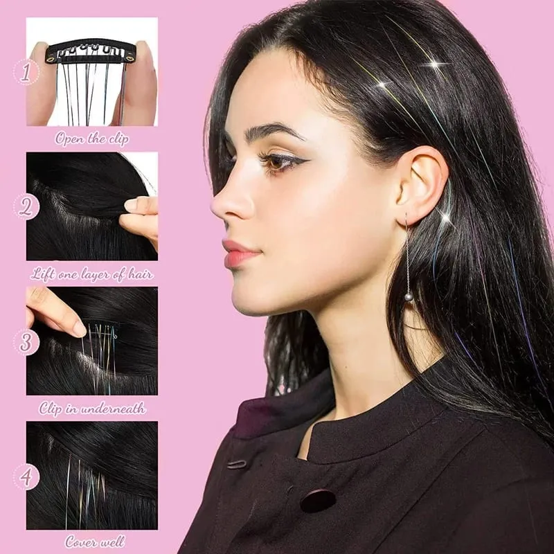 12Pcs Purple Clip in Tinsel Hair Extensions Hairpiece Colored Hair Tinsel Kit Party Highlights Hair Accessories for Women&Kids