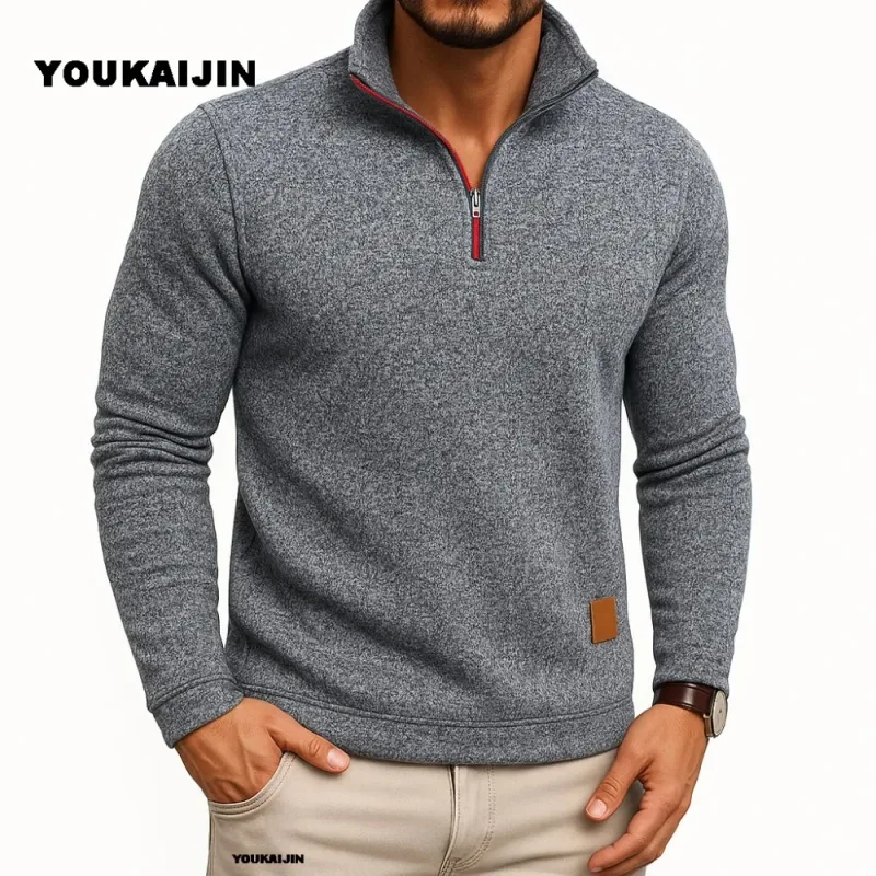 Moletom masculino primavera mais grosso pulôver quarto zíper pulôver para masculino com capuz ao ar livre sweatshir outono cor sólida gola alta — image 11