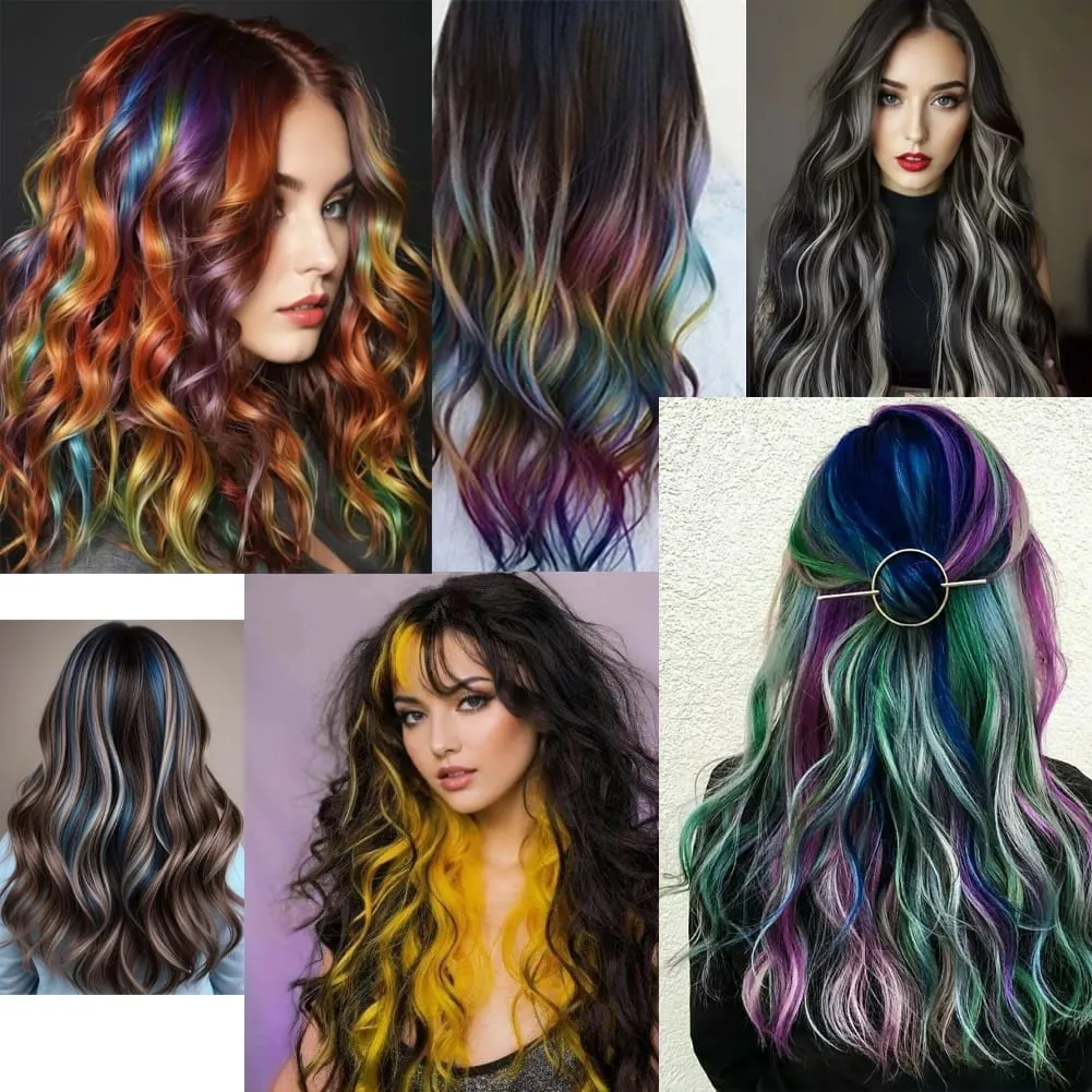 20 Inch Colourful Curly Wavy Party Highlights Clip in Synthetic Hairpieces 8 Pack Curly Colored Hair Extensions for Women