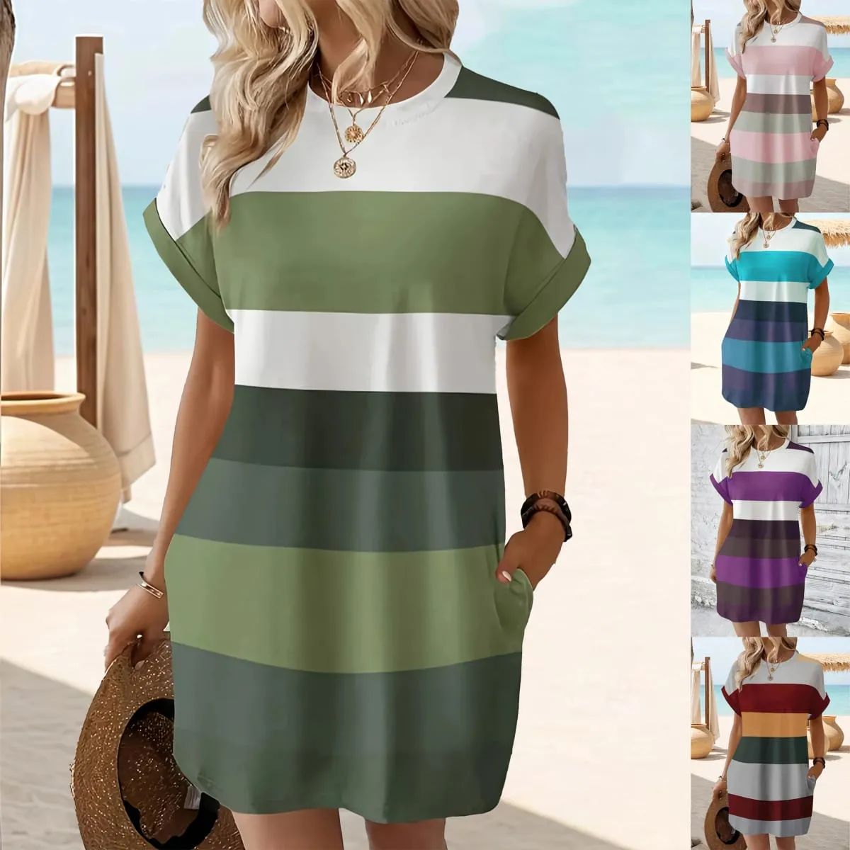Robe Chic Grande Taille : Rayures élégantes, Manches Enroulables, Poches - Robe Femme Confortable et Décontractée — image 2
