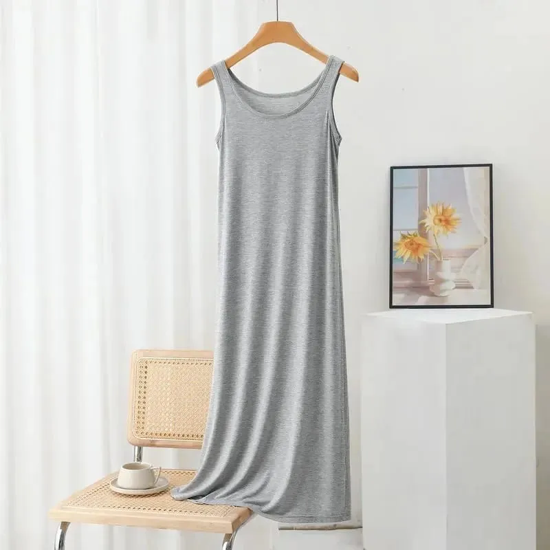 Plus Size Modal Long Dress Women's Spring Summer Loose A- Line Bottoming Skirt Home Sleepwear Sleeveless Pure Color Gown — image 17