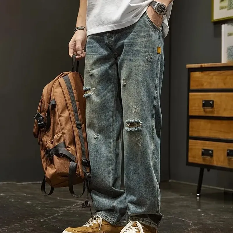 Korean Version Ripped Jeans Men'S Autumn New Retro Casual Pants High Street Loose Straight Leg Pants — image 2