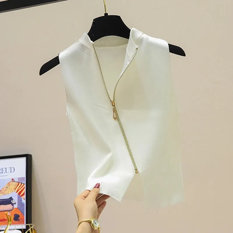 2026 Summer Spring zipper Knit Tank Top Cami Korean Camisole Elastic Vest O Neck Solid Color New Slim Breathable Tops White — image 13