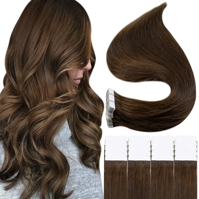 Full Shine Tape in Hair Extensions Remy Human Hair Darkest Brown 12inch-24inch 100% Remy Human Hair Invisible Straightu