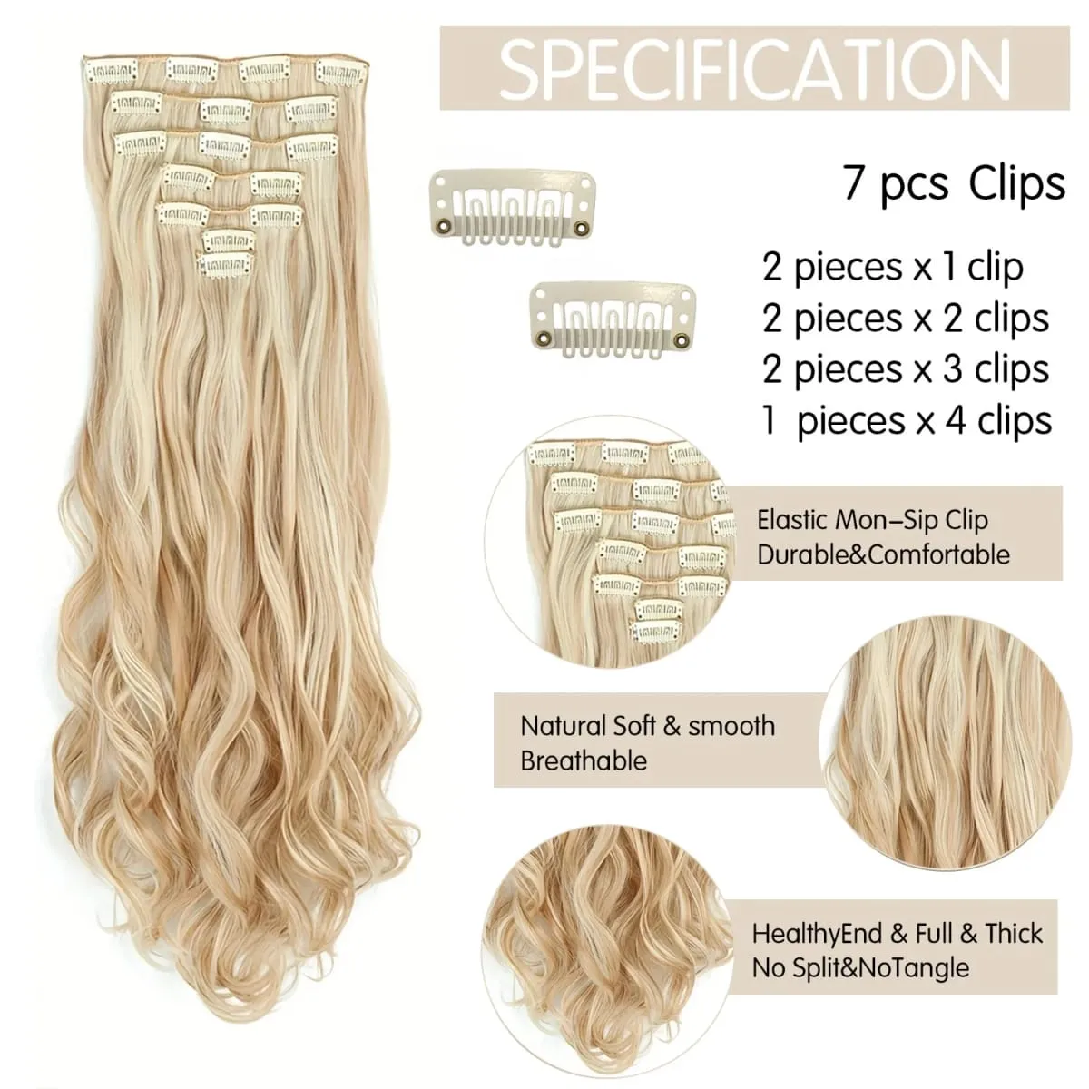 Clip In Hair Extensions 7PCS Full Head 22 Inch Long Curly Wavy Synthetic Hair Pieces Natural Wavy For Women Girls Hair — image 2