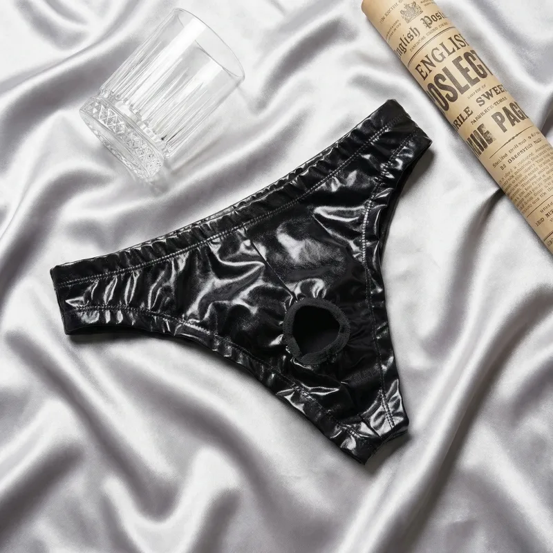 Pantaloni a triangolo in pelle PU da uomo 1 pezzo, intimo sexy a triangolo cavo con cavallo, fitness da boxe, novità per adulti, regalo dolce — image 2