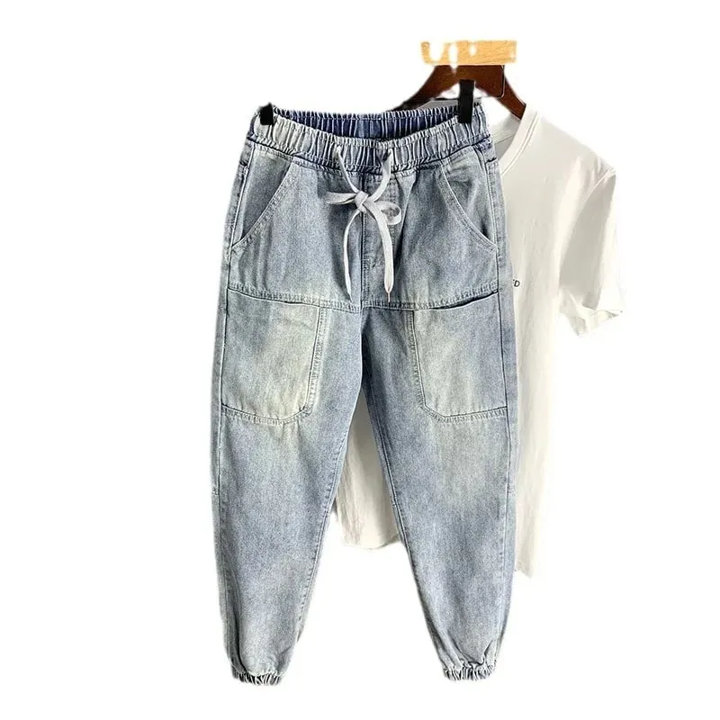 new Autumn Luxury streetwear Korean Harajuku Stretch Men's Slim Solid Denim Casual Pencil Pants baggy jeans cargo trousers men — image 5