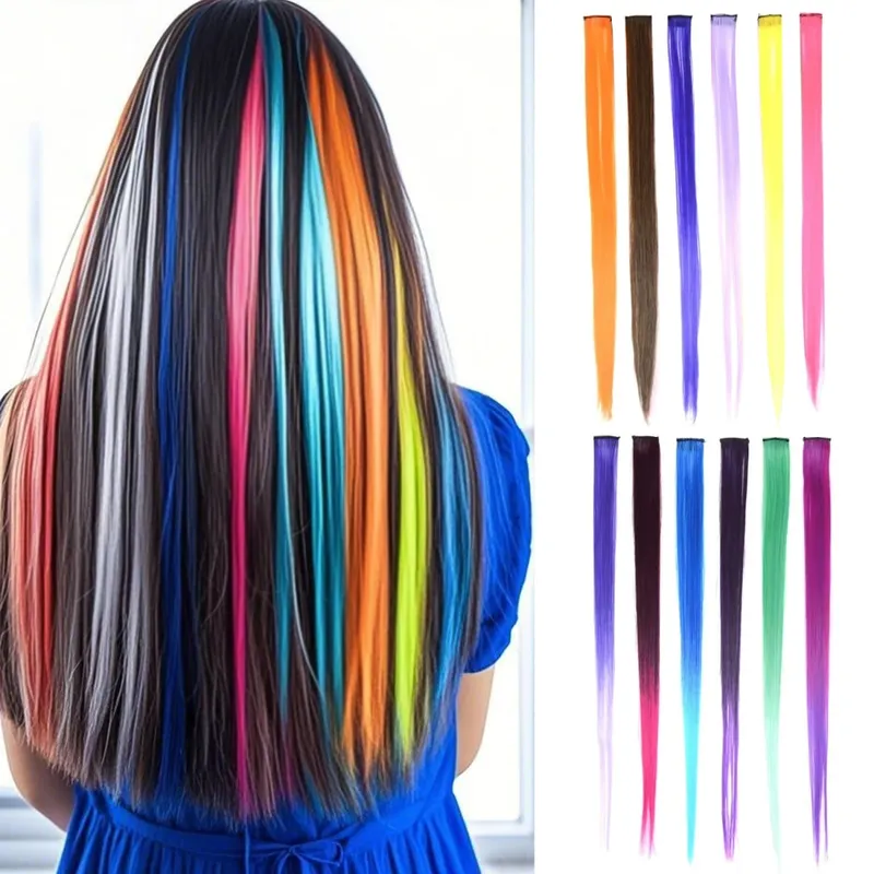 Synthetische Clip-in-Haarverlängerungen, 55,9 cm lang, bunte, glatte Haarteile, synthetische Haarteile für die tägliche Festival-Party