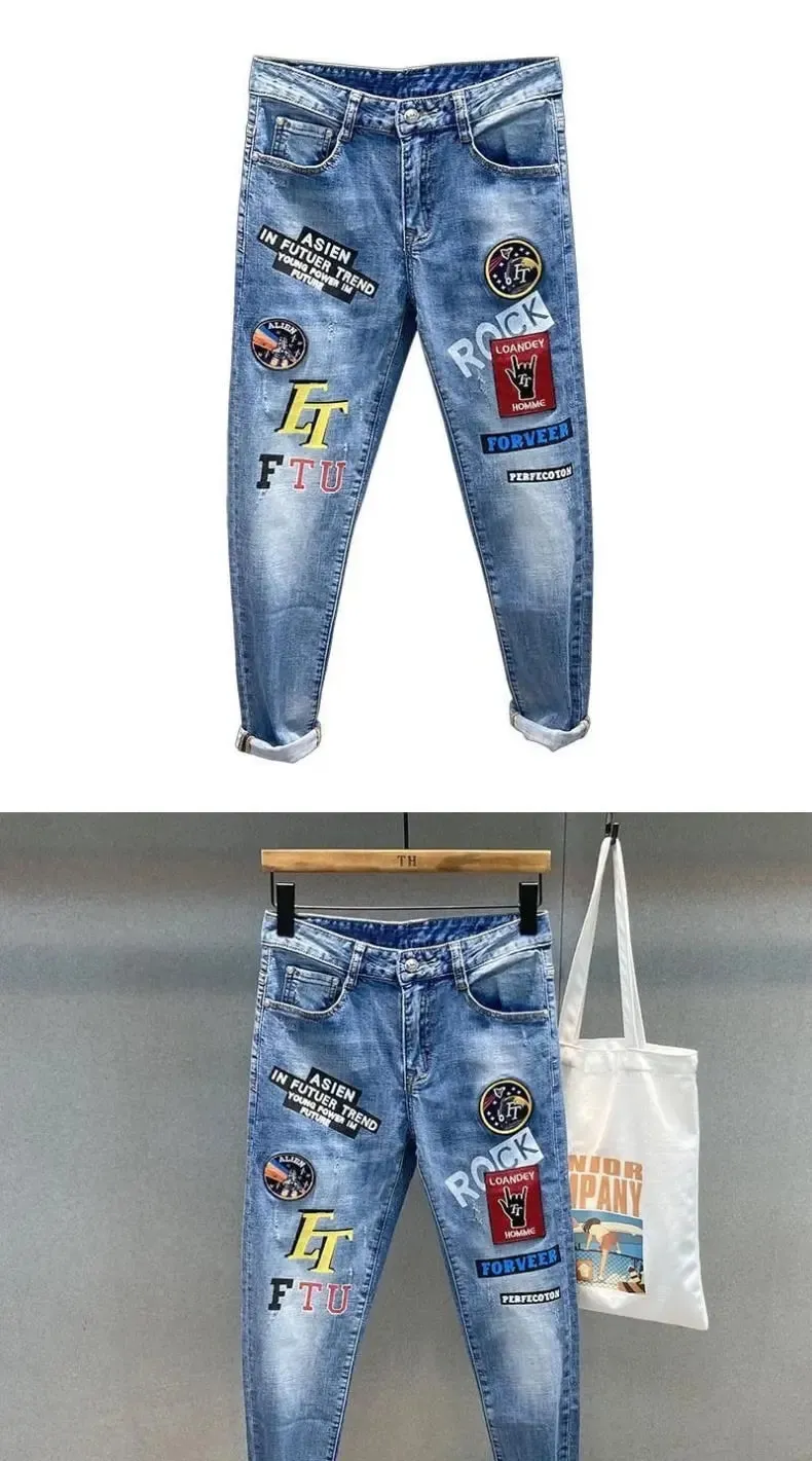 Trendy Brand Letter Printing Pattern Embroidered Jeans Men's Korean Graffiti Slim-fitting Small Feet Versatile Casual Trousers — image 9