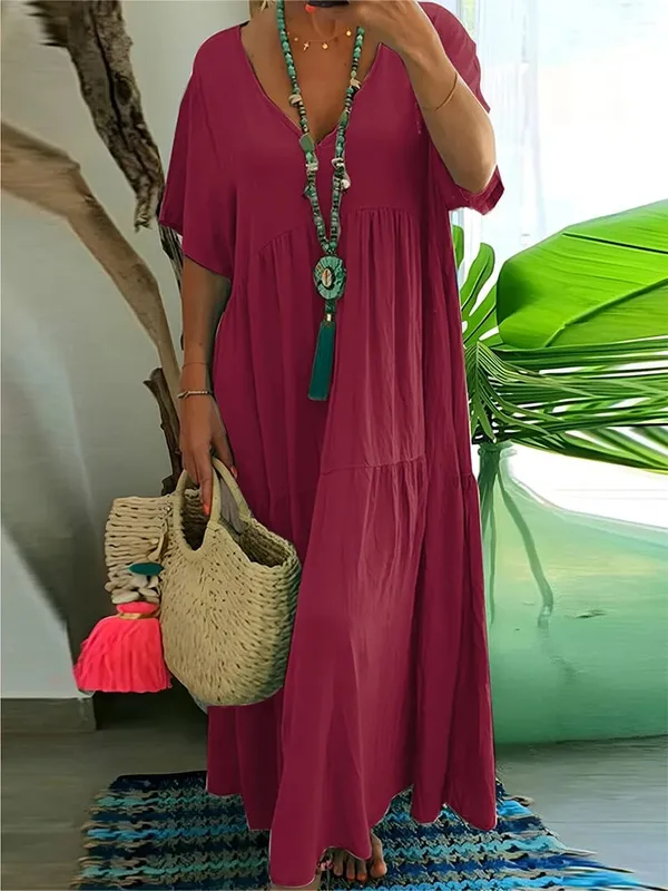 plus Size Women's Casual Loose V-Neck Solid Long Dress Spring Summer Pleated Big Size Women's Dress — image 7