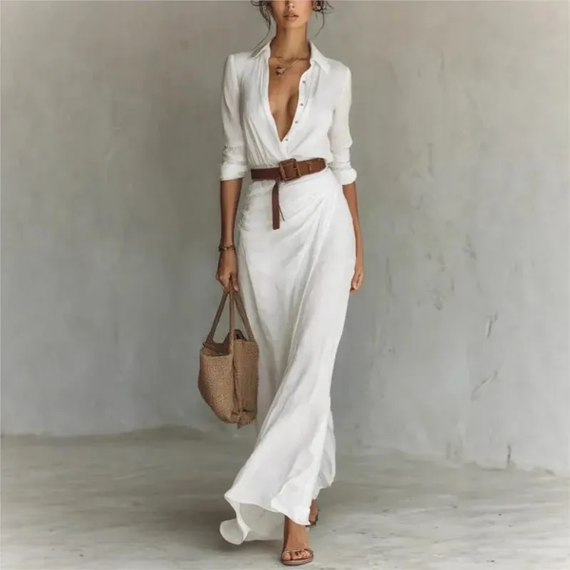 Damesmode effen vakantie feestjurk elegante revers knoop gedrapeerde lange jurk casual lange mouw match met riem shirtjurk — image 6