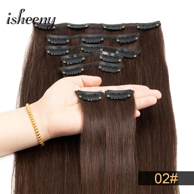Isheeny 14"-22" Clip In Human Hair Extensions Brazilian Remy Natural Clip Human Hair Extension Real Natural Clip On 50-65G
