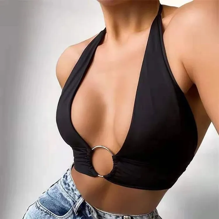 Womens Sexy Sleeveless Ring Linked Vest Halter Short Tank Tops Backless Ring Connect Slim Fit Vest Casual Style Tops Slim Tops — image 9
