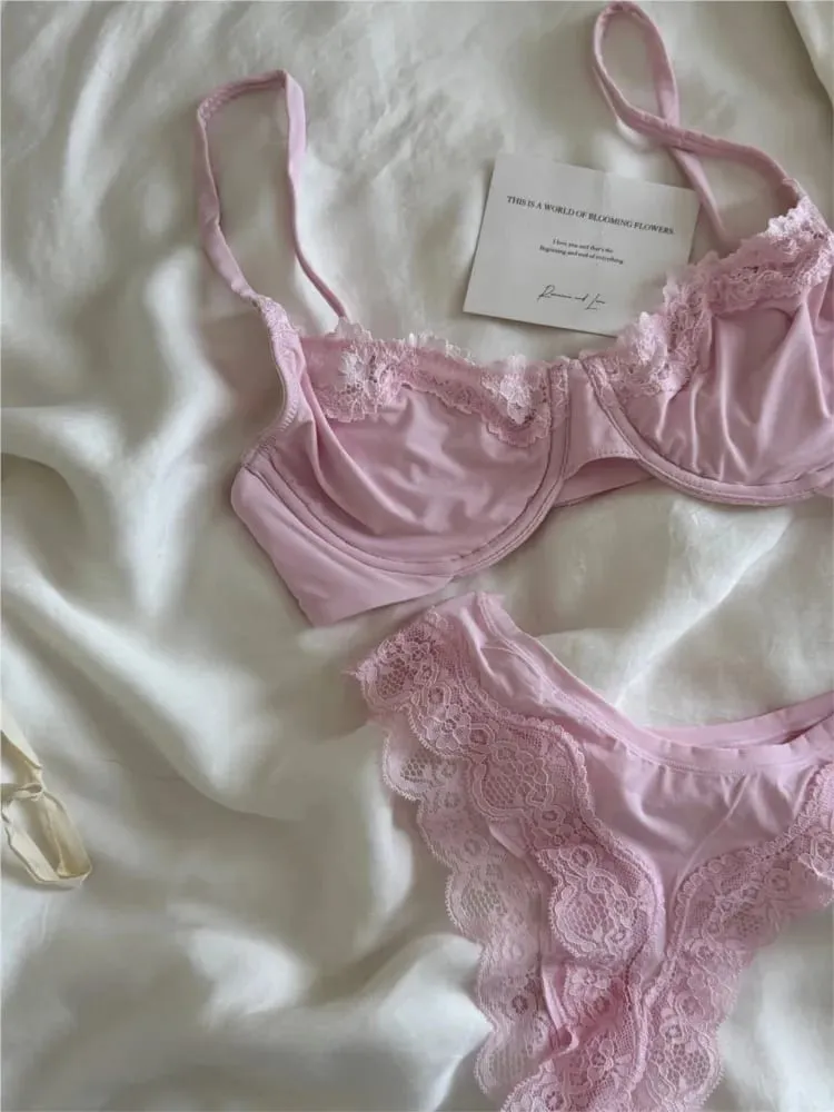 Rosafarbenes, ungefüttertes Vollschalen-BH-Set, Bügel, Spitzenbesatz, Lift, bequem, minimalistisch, nahtlos, hautfreundlich, Alltags-BHs und Höschen — image 3