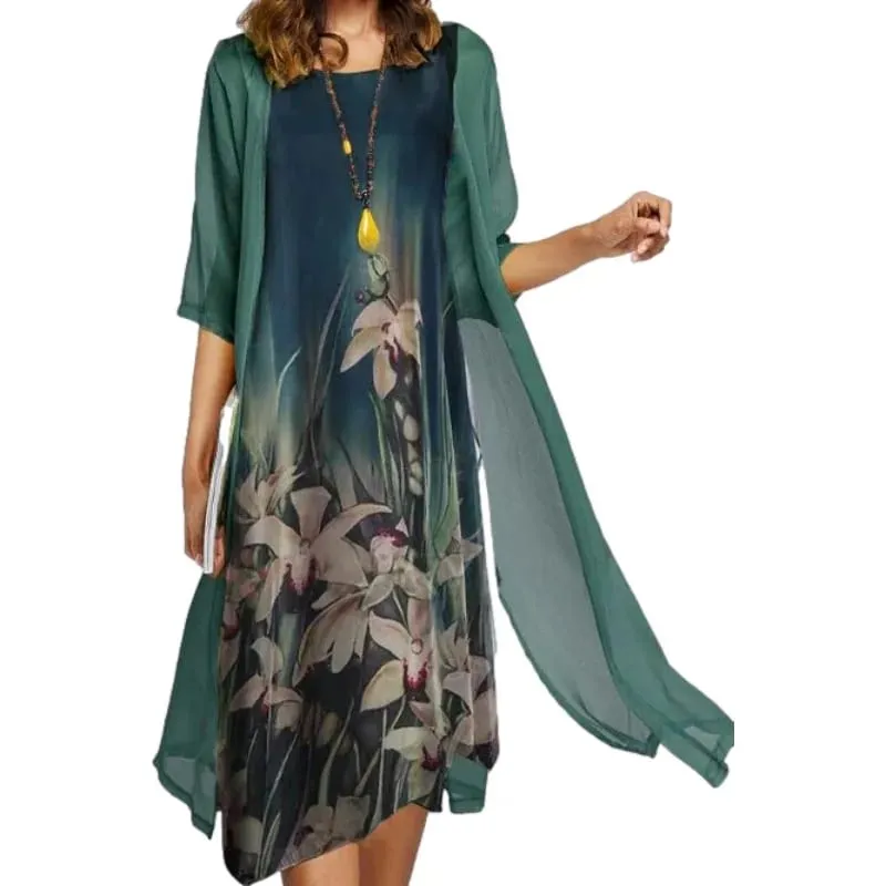 2025 new! Eu-us Summer Women's casual elegance 2 printed crew-neck loose dress sweater coat set — image 9
