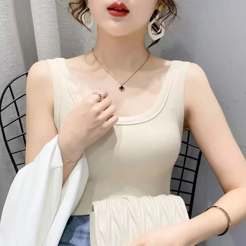 2023 Summer Women Basic Ribbed Knitted Tank Top Solid Color Sleeveless T-shirts Casual Camis Green Blue Elastic Female Tops — image 12