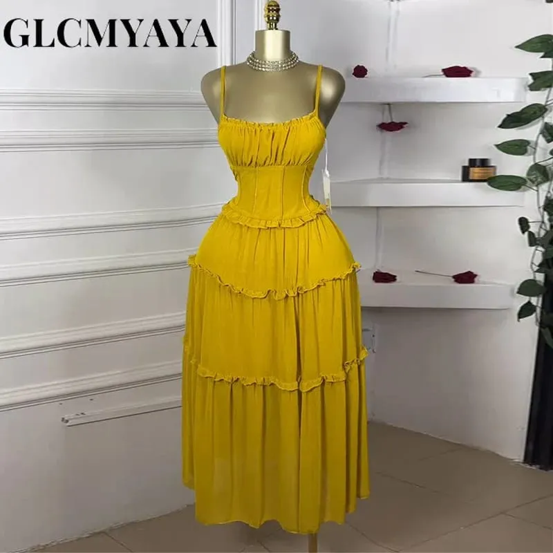 Women Strap Sleeveless Ruffles A-line Midi Maxi Long Dress 2025 Summer Beach Holiday Vacation Vestidos Dresses — image 4