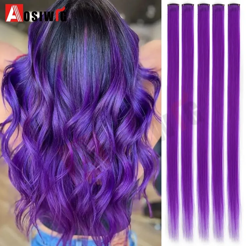5PC Synthetic Feather Hair Extensions With Clips Heat Resistant Straight Hair Extensions Color Colored Black Hair Clip Womens 8G — image 22
