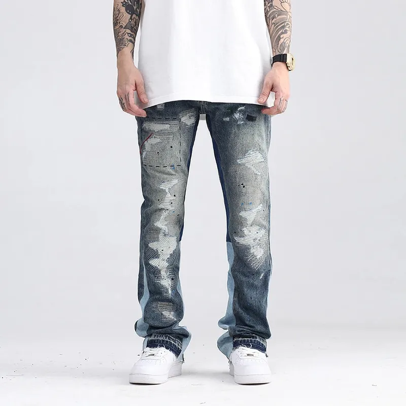 Blue Speckle Ink Washed Flared Jeans Slim Fit Hip Hop Graffiti Ripped Denim Pant Men Streetwear Vintage Wide Leg Jean Pants Y2k — image 4