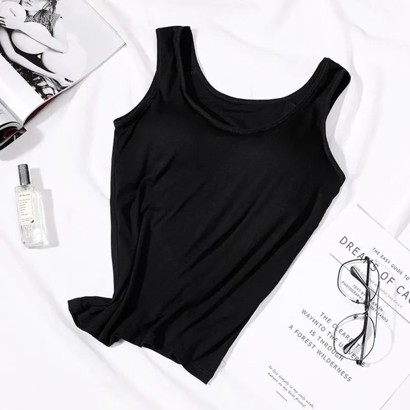2026 Women's Vest Tops with Built In Bra Neck Vest Solid Color Padded Slim Fit Tank Tops Sexy Shirts Feminino Casual Tank Tops