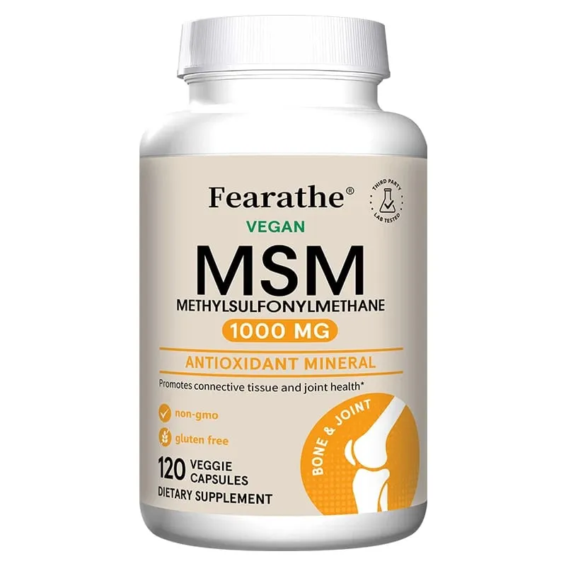 Fearathe Methylsulfonylmethane(MSM) 1000 مجم مضاد للأكسدة يعزز صحة المفاصل، امتصاص متوازن للكالسيوم، غير معدّل وراثيًا، خالي من الغلوتين