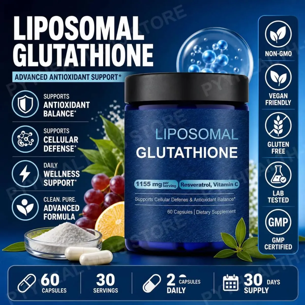 Capsule di glutatione liposomiale con resveratrolo e vitamina C per l'equilibrio antiossidante e il supporto della difesa cellulare 60 capsule — image 1