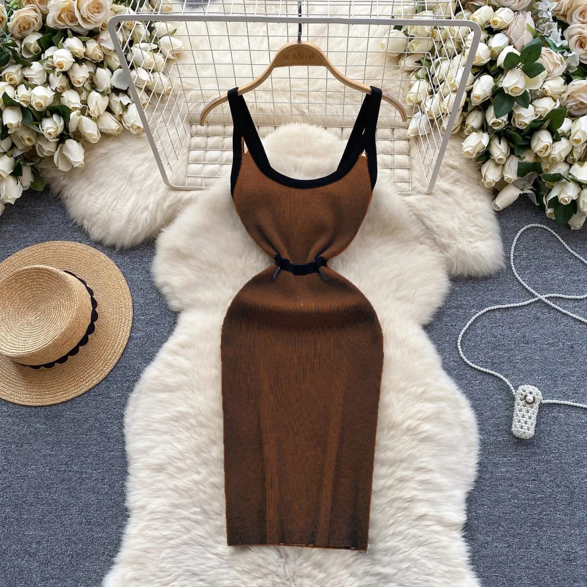 Elastic Fashion Trend Casual Knitting Wrap Dress Sleeveless Off Shoulder Contrast Hollow Out Summer Women Stripe Sexy Slim Dress — image 5