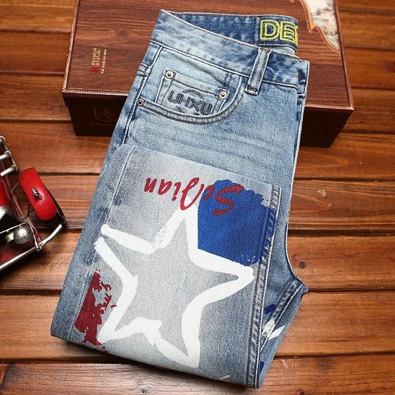 Fashionable printed jeans for men retro blue elastic slim fit small feet street fashion high-end denim casual pants — image 3