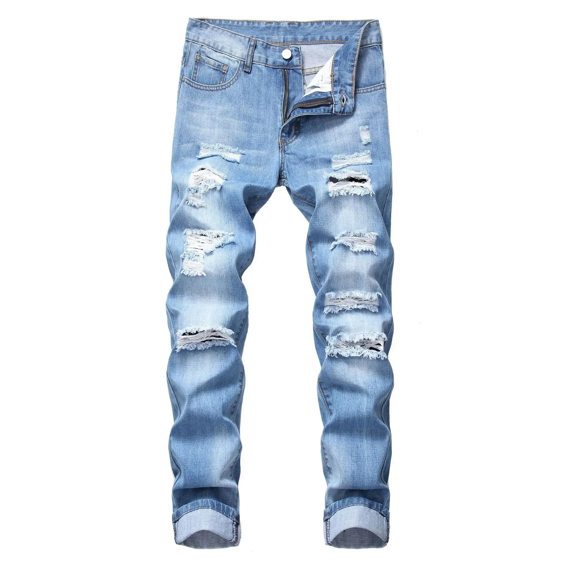 Mens Ripped Jeans Straight Slim Elasticless Tattered Trousers Autumn Streetwear Fashion Male Large Size Denim Pants — image 2