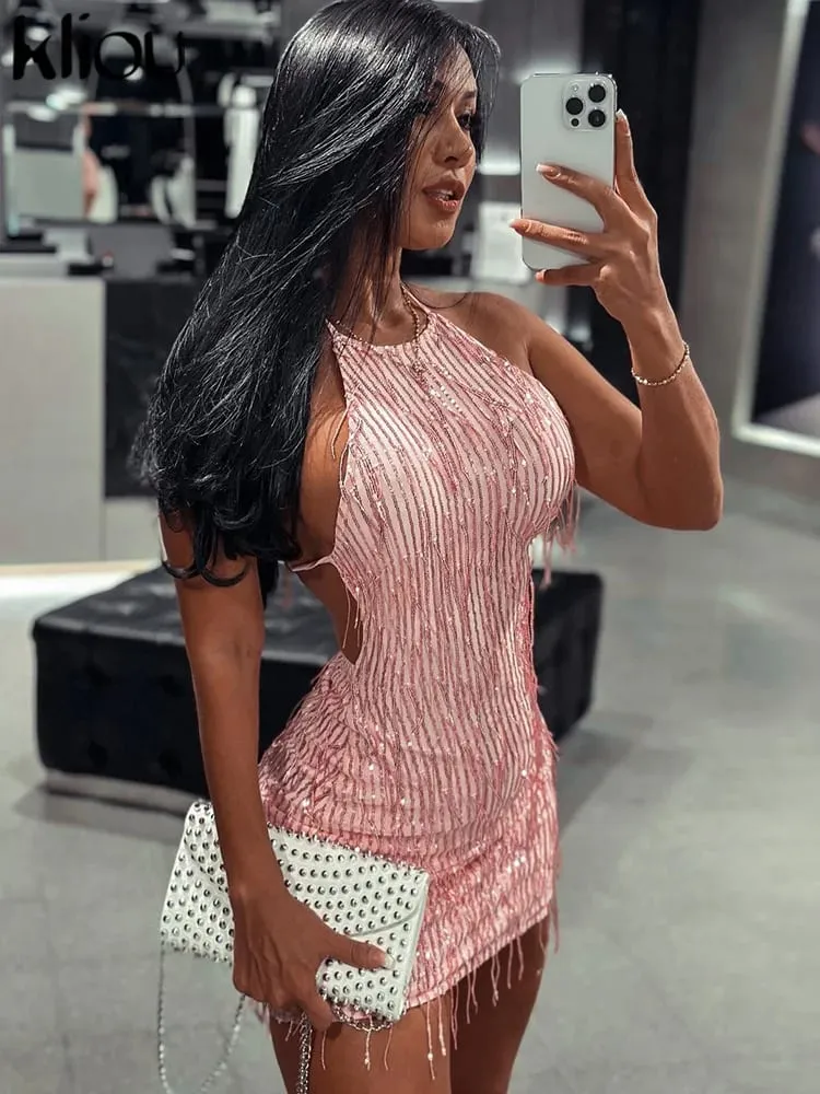 Kliou Tassel Patchwork błyszcząca Mini sukienka kobiety Halter bandaż oszałamiająca Backless bez rękawów obcisła Vestido kobieca odzież klubowa