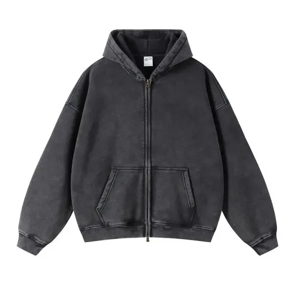 Spring Autumn New Fahsion Men's Casual Trendy Loose Solid Color Waxed Hooded Hoodies American Zipper Washed Vintage Coat Male