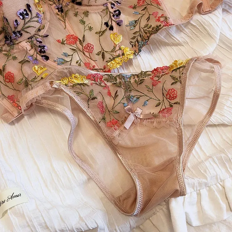 Extended Embroidered Bra And Panty Set Floral Lace Women Underwear Sexy Female Thin Cotton Cup Push Up Lingerie Suit — image 6