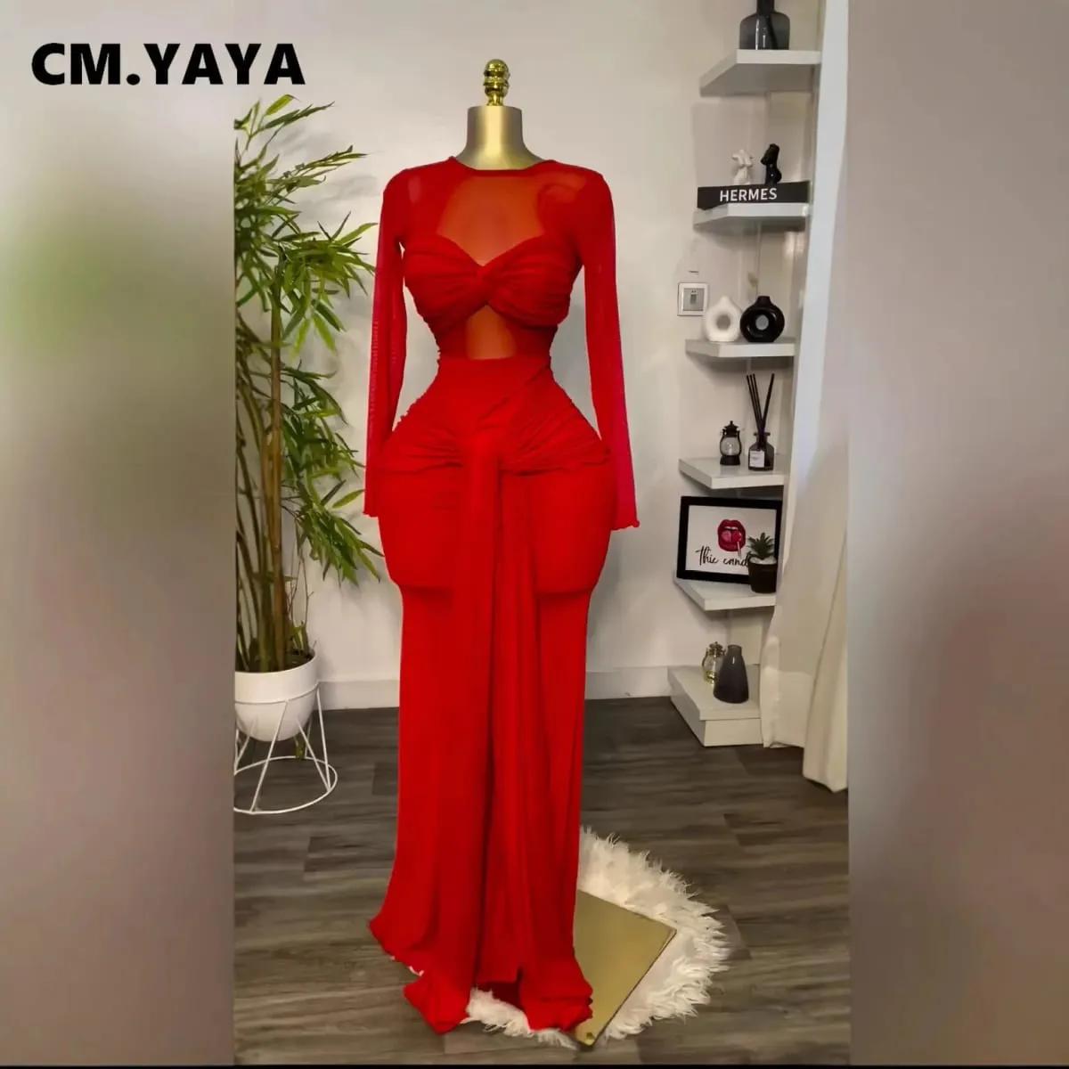CM.YAYA Women Mesh See Though Long Sleeve Maxi Bowknot Long Dress 2025 Evening Sexy Club Party Evening High Street Dresses — image 4