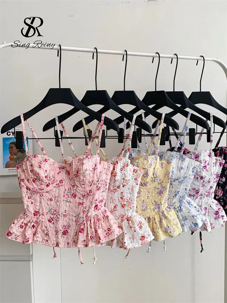 French Corset Print Beach Tank Top Female Strap Irregular Slim Hotsweet Camis Streetwear Vacation Bohe Sexy MIni Top — image 1