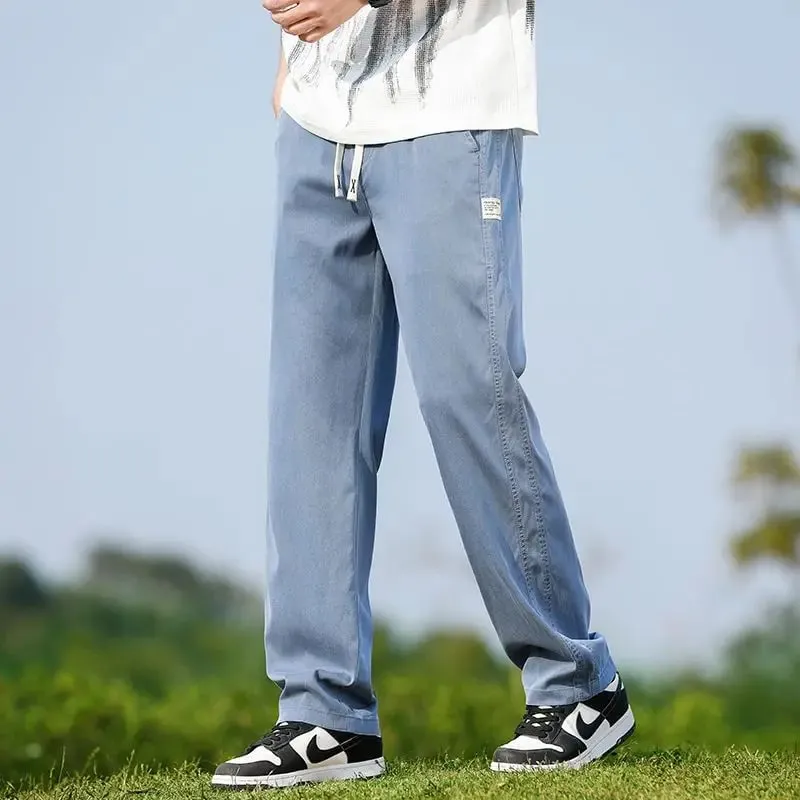 Men's Summer Soft Lyocell Fabric Jeans Thin Loose Straight Denim Pants Drawstring Elastic Waist Casual Trousers Plus Size M-5XL — image 2