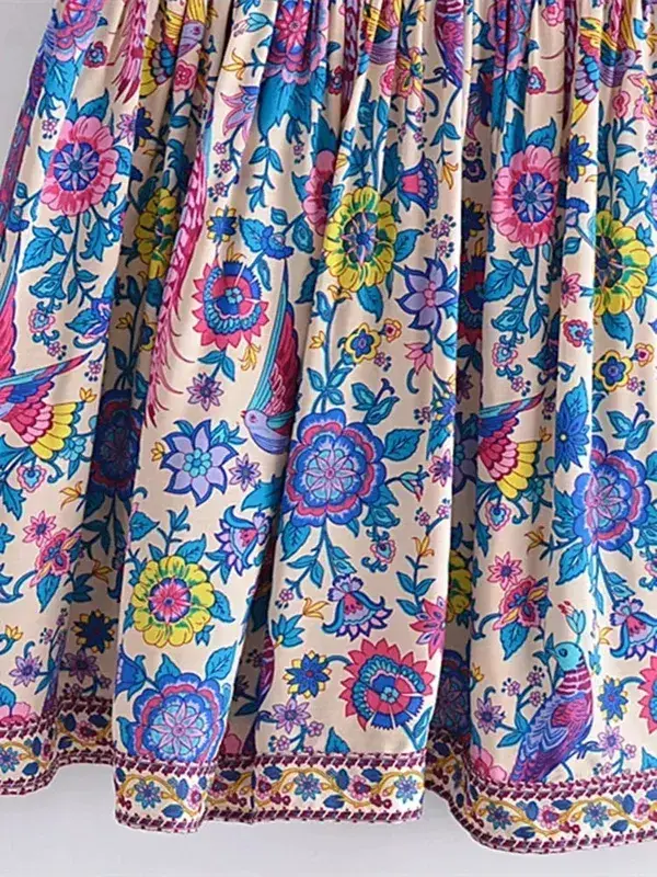Vintage Chic Women Peacock Květinový potisk Hluboký výstřih do V Bohémské minišaty Dámské Krátký rukáv Happie Beach Boho šaty Vestidos — image 4