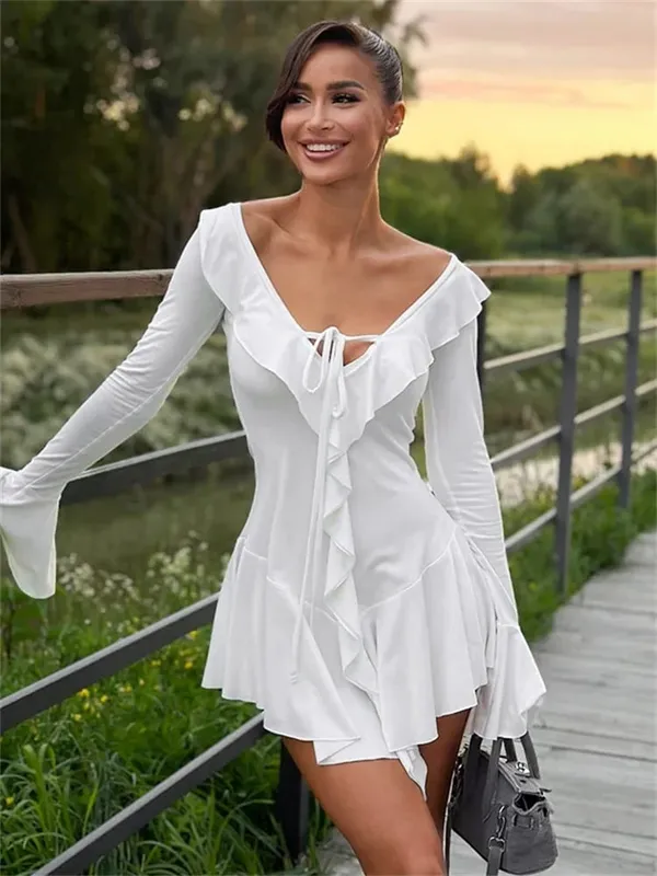 Tossy Ruffled Lace-Up White Mini Dress Women's V-Neck Patchwork Long Sleeve Sexy Slim Dress Bandage Elegant Female Summer Dress — image 11